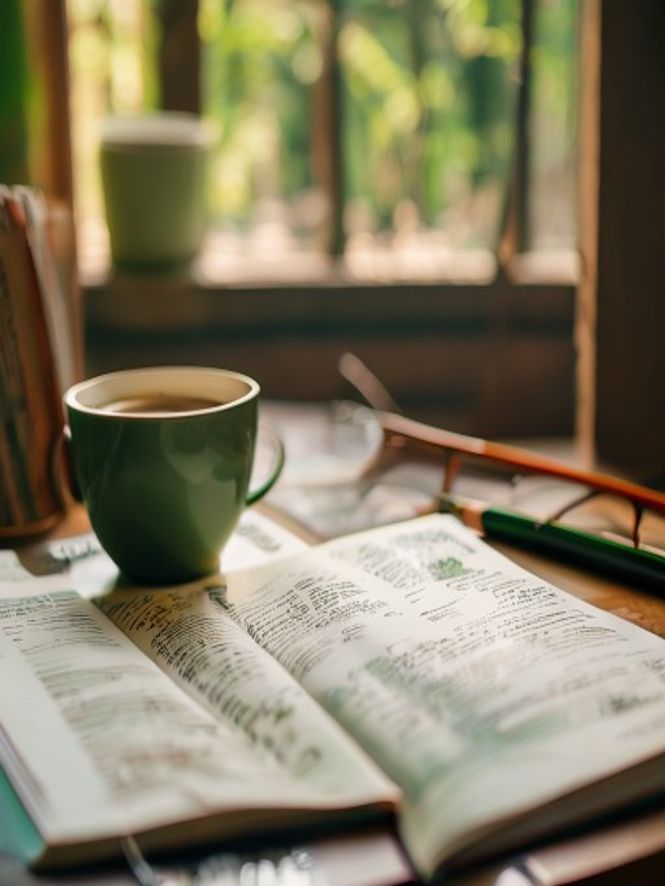 Printed educational guides and tracking sheets spread on a desk with coffee, showing accessible learning materials