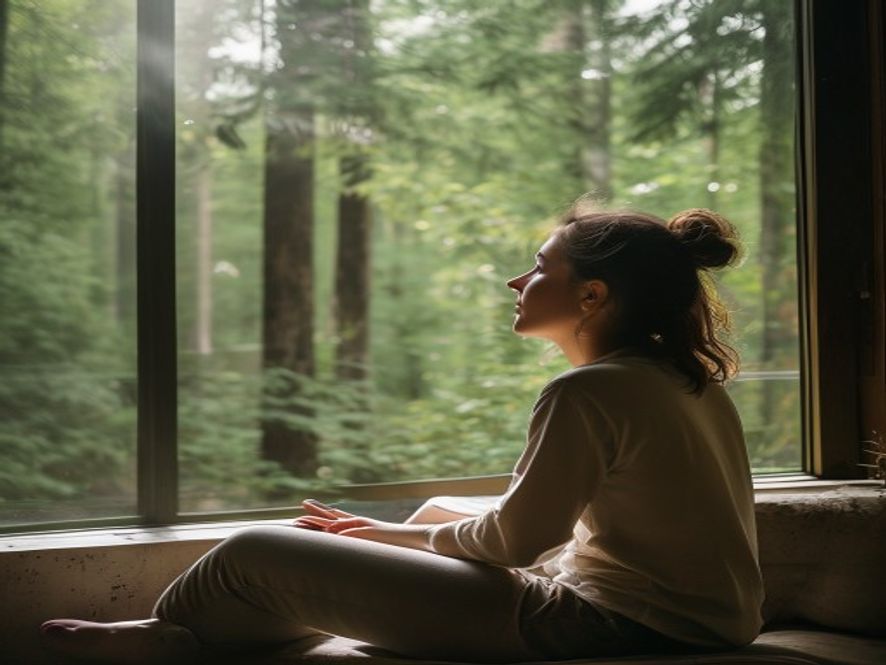 A professional taking a break by a window during a workday, showing natural integration of pause time